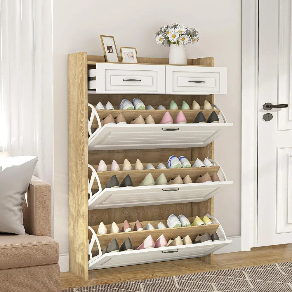 Narrow Shoe Organizer Cabinet With Large Flip Drawers And Storage