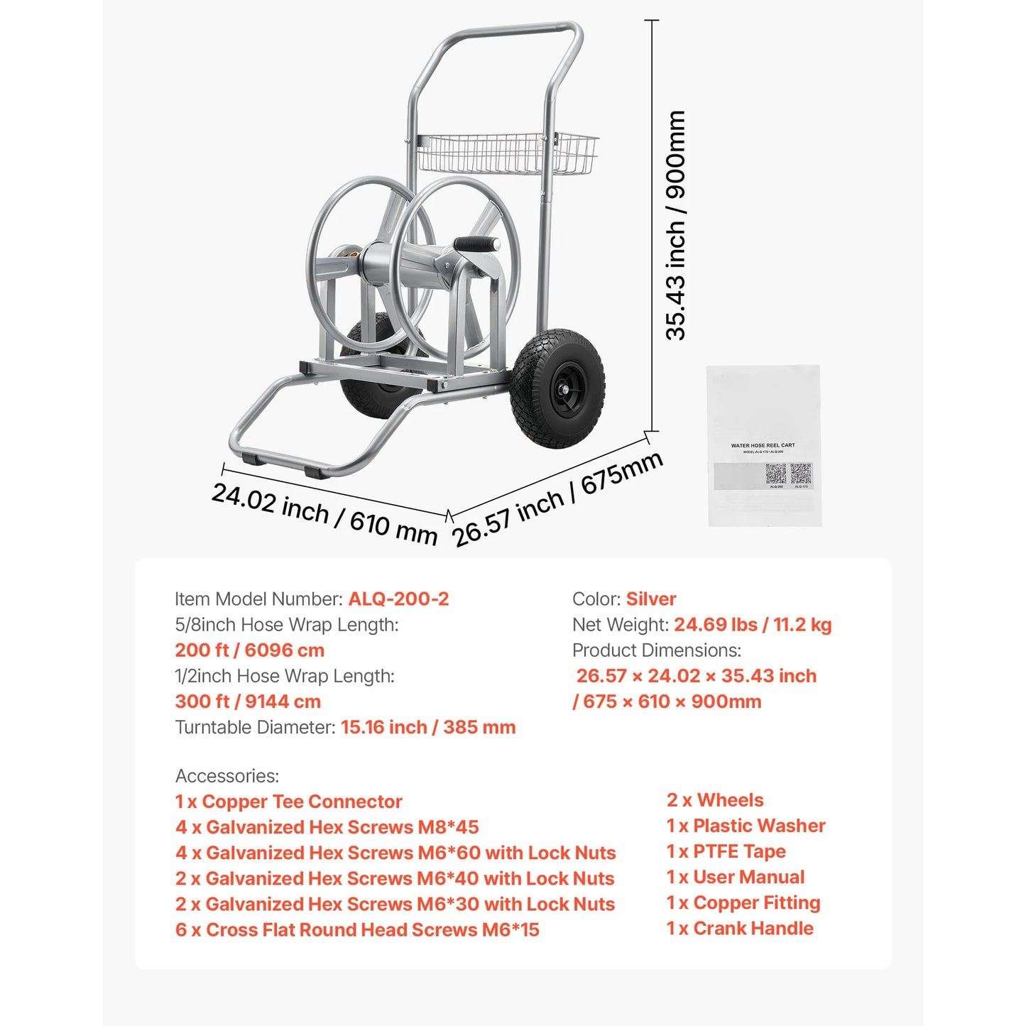 Water Hose Reel Cart With Mesh Basket And Dual Wheels