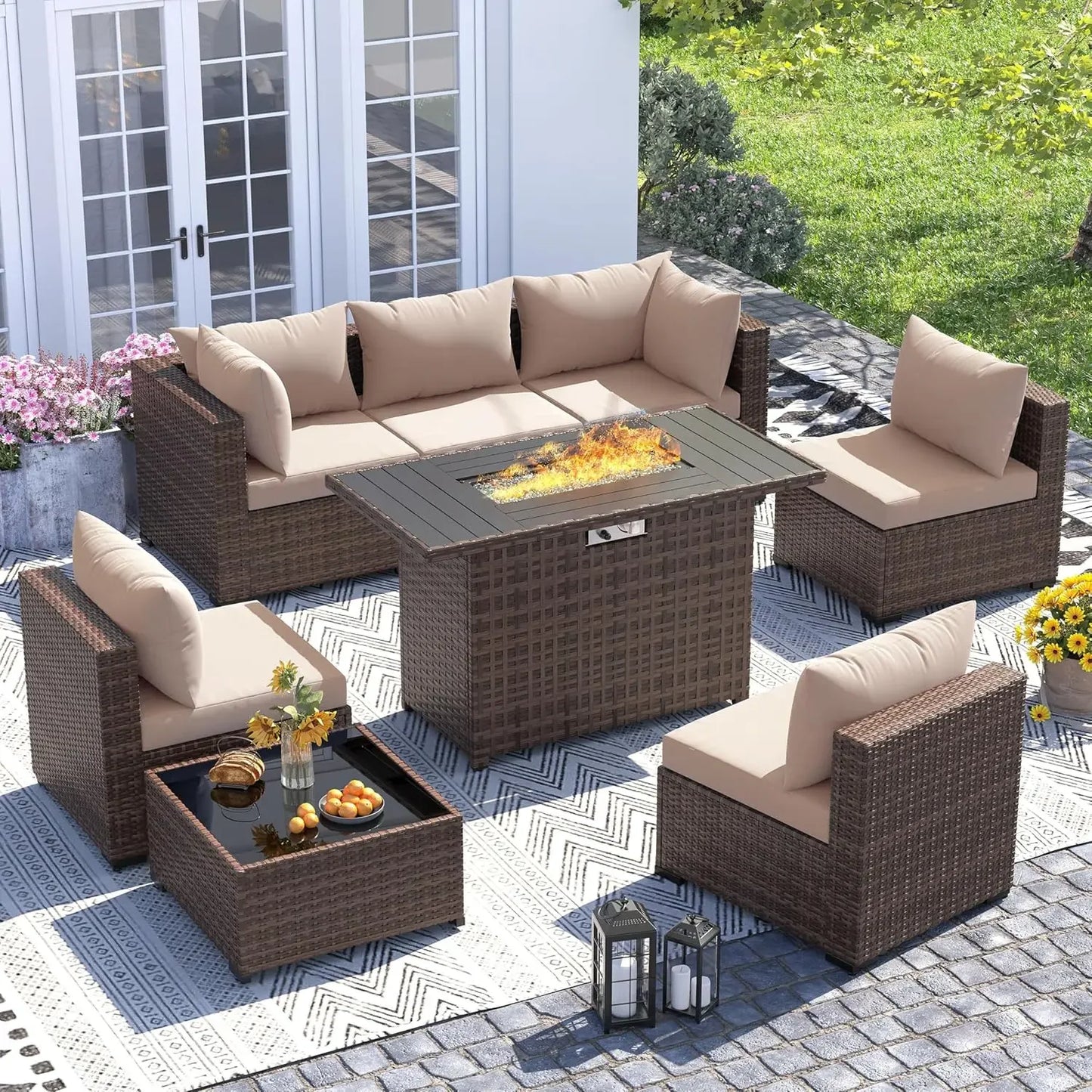 Outdoor Sectional Sofa Set With Fire Pit Table In Wicker