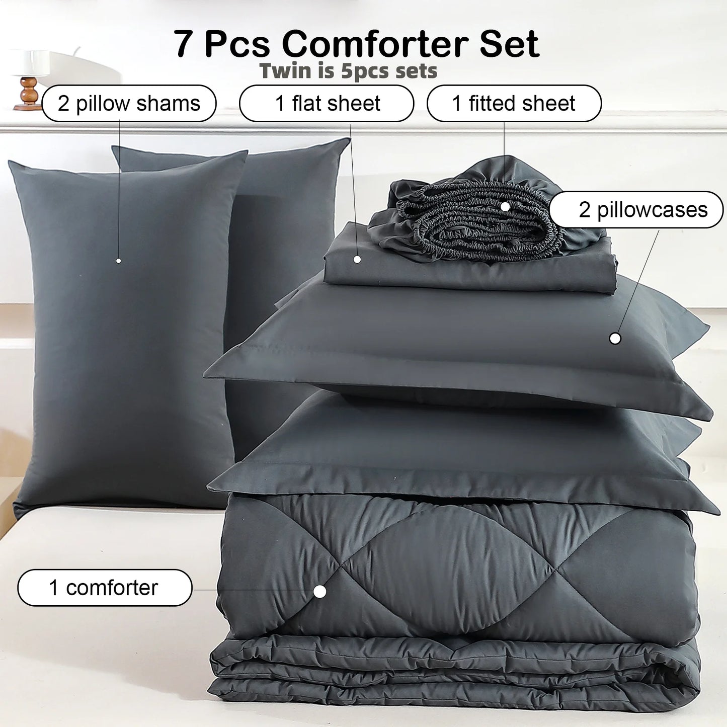 easYum 7-Piece Bedding Set With Comforter Flat Fitted Sheets Pillowcases