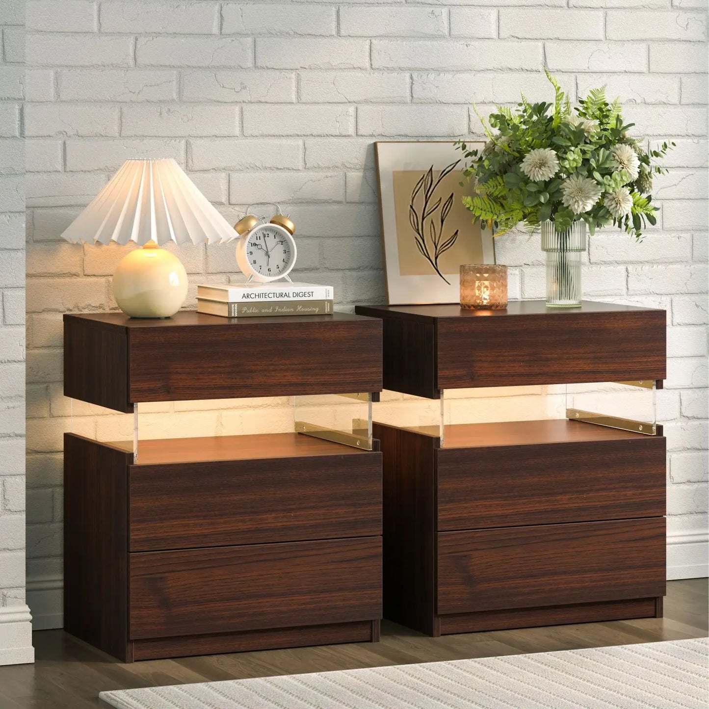 Cubehom Bedside Tables With LED Lighting, Two Drawer Nightstands