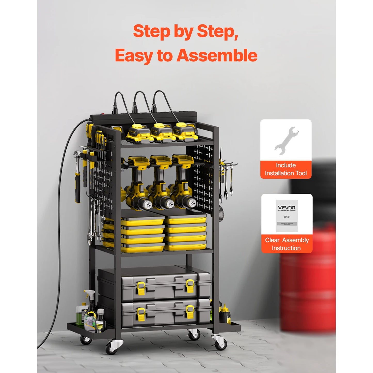 VEVOR 4-Tier Tool Organizer Cart With Charging Station And 8 AC Outlets