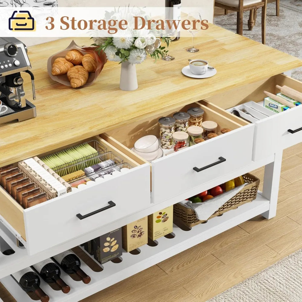 Solid Rubberwood Kitchen Island With Power Outlets And Storage