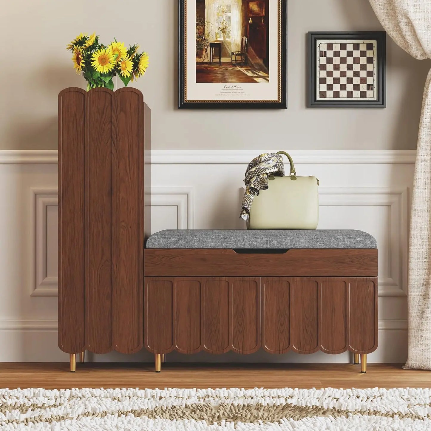 Shoe Organizer Cabinet Entryway Bench With Adjustable Shelves Cushioned Seat