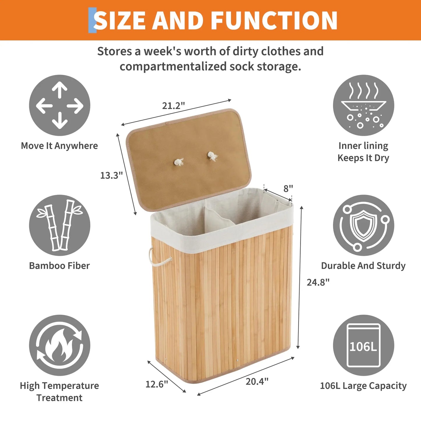 HiMISS Bamboo Laundry Hamper With Lid And Handles