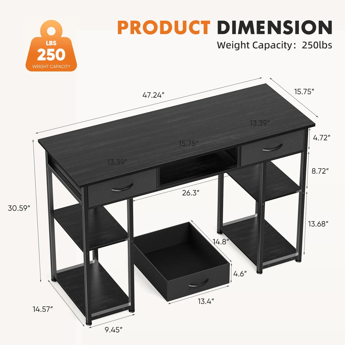 JHK Gaming Desk With Fabric Drawers And Storage Shelves