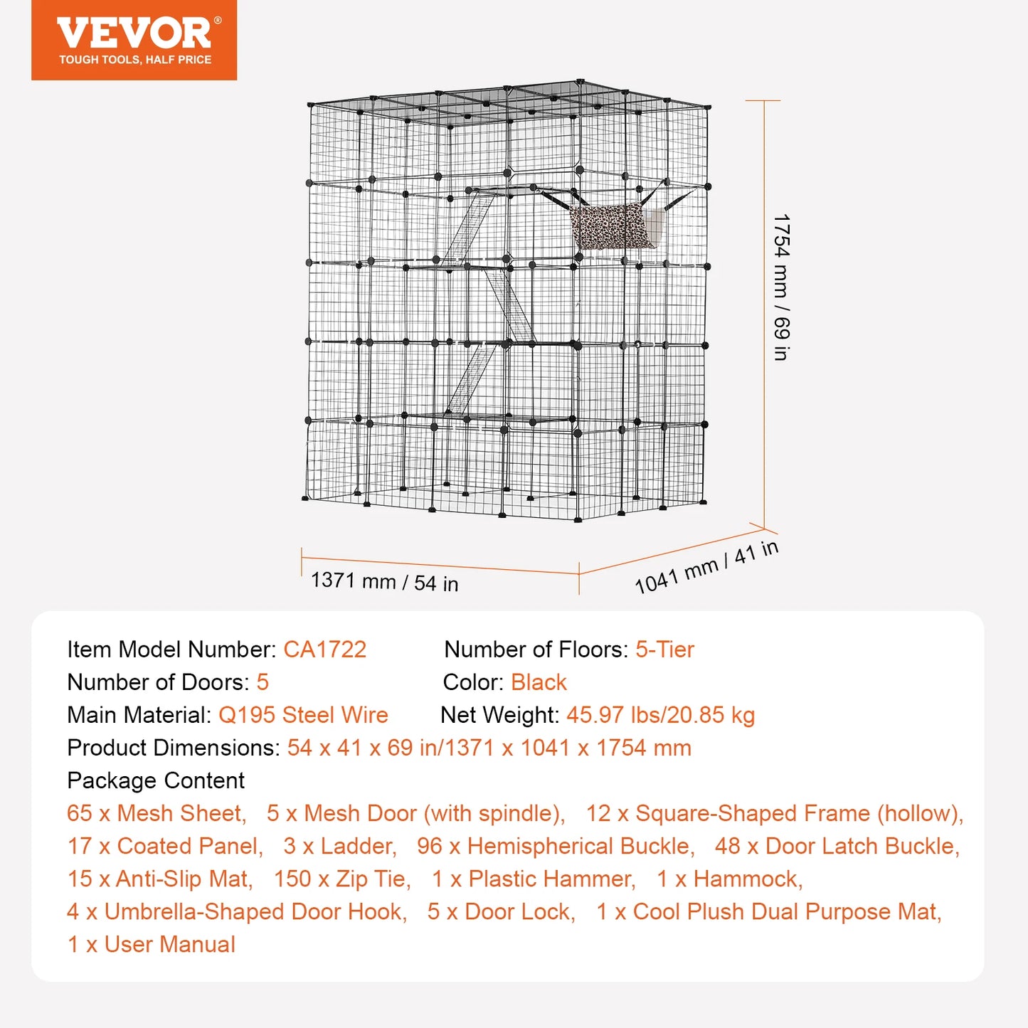SucceBuy Detachable 5-Tier Cat Villa Cage With Ramp And Hammock