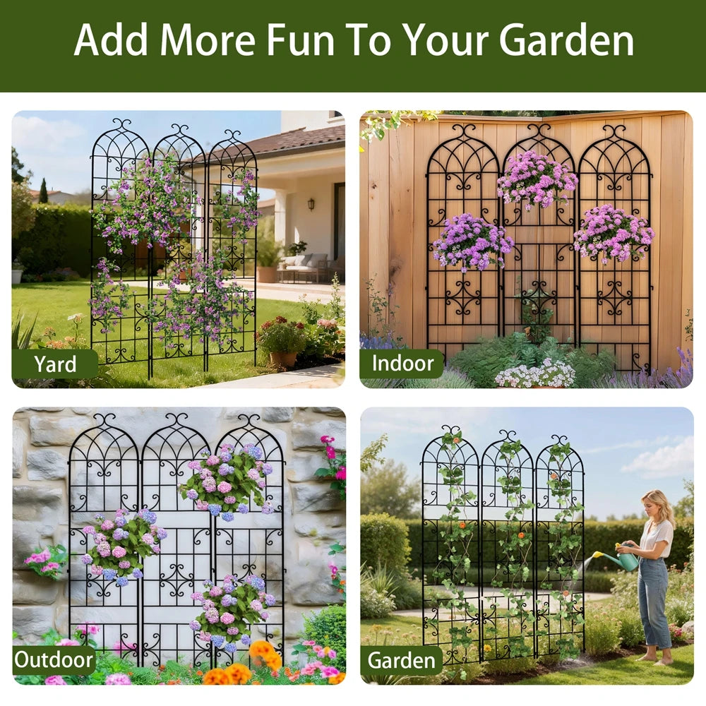 3 Pack Tall Metal Garden Trellis Plant Support Fence