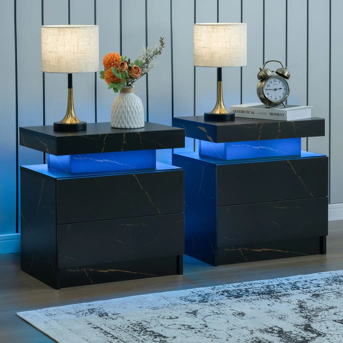 Cubehom Nightstand Set Of 2 With LED Lighting And Drawers