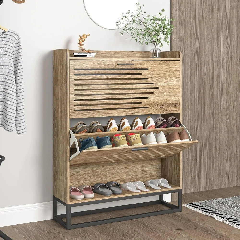 Narrow Shoe Organizer Cabinet With Large Flip Drawers And Storage