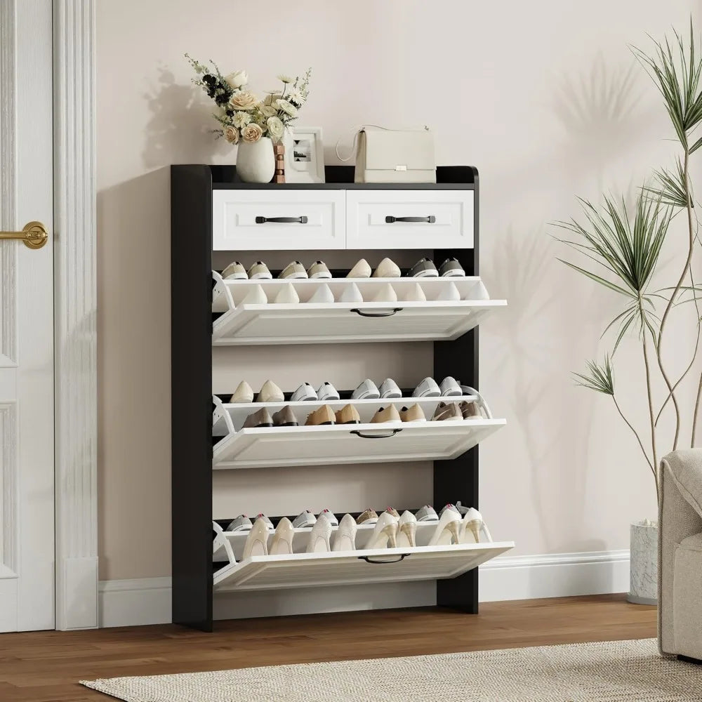 Narrow Shoe Organizer Cabinet With Large Flip Drawers And Storage