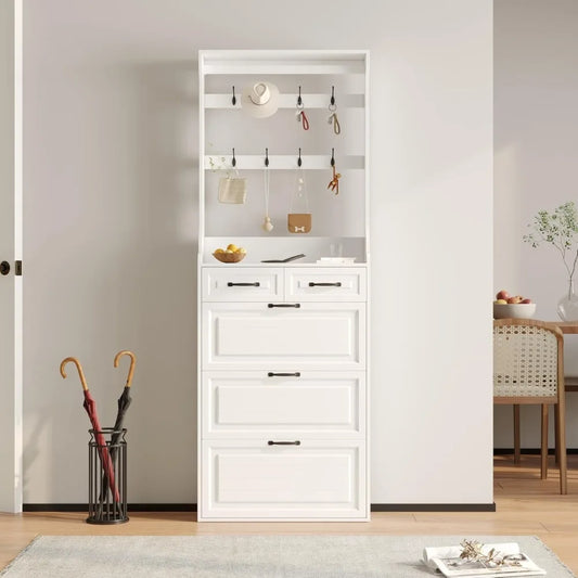 Narrow Shoe Organizer Cabinet With Large Flip Drawers And Storage