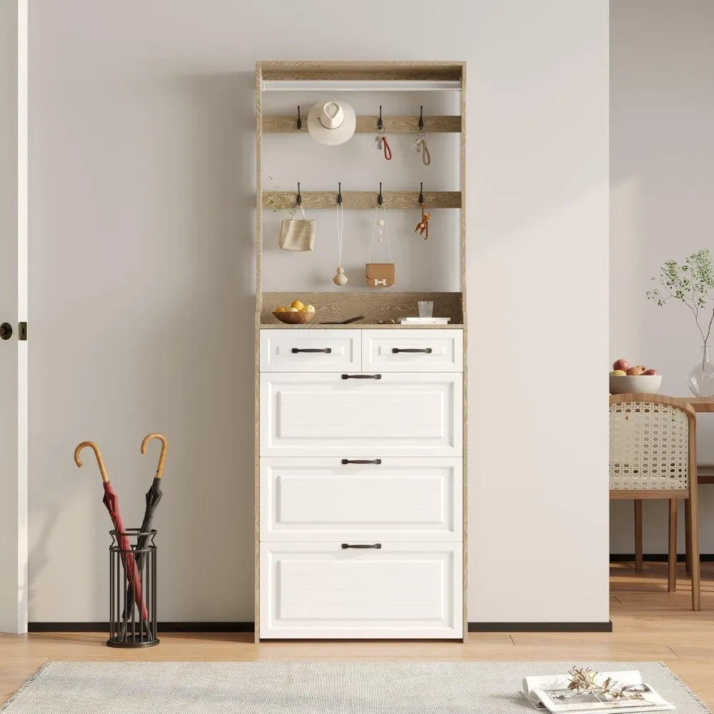 Narrow Shoe Organizer Cabinet With Large Flip Drawers And Storage