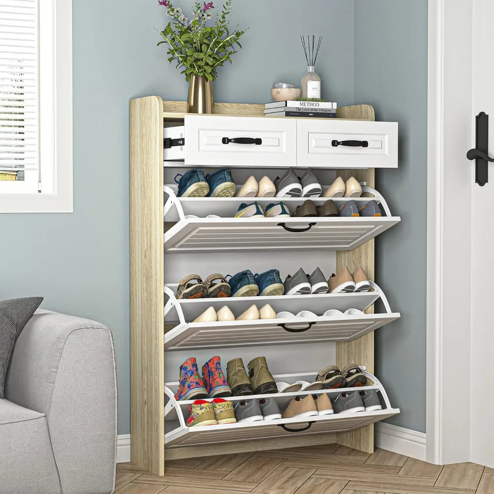 Narrow Shoe Organizer Cabinet With Large Flip Drawers And Storage
