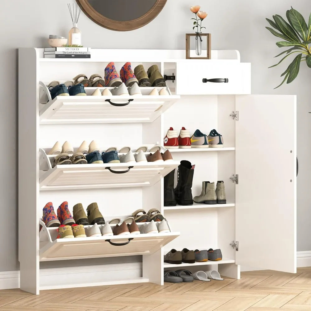 Narrow Shoe Organizer Cabinet With Large Flip Drawers And Storage