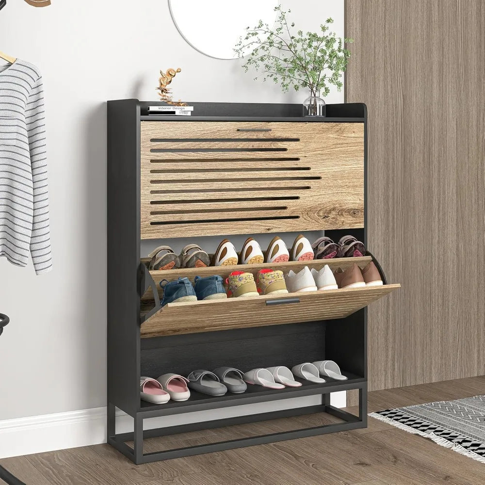 Narrow Shoe Organizer Cabinet With Large Flip Drawers And Storage