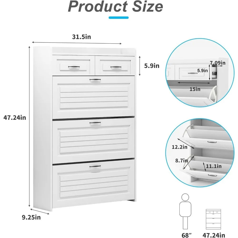 Narrow Shoe Organizer Cabinet With Large Flip Drawers And Storage