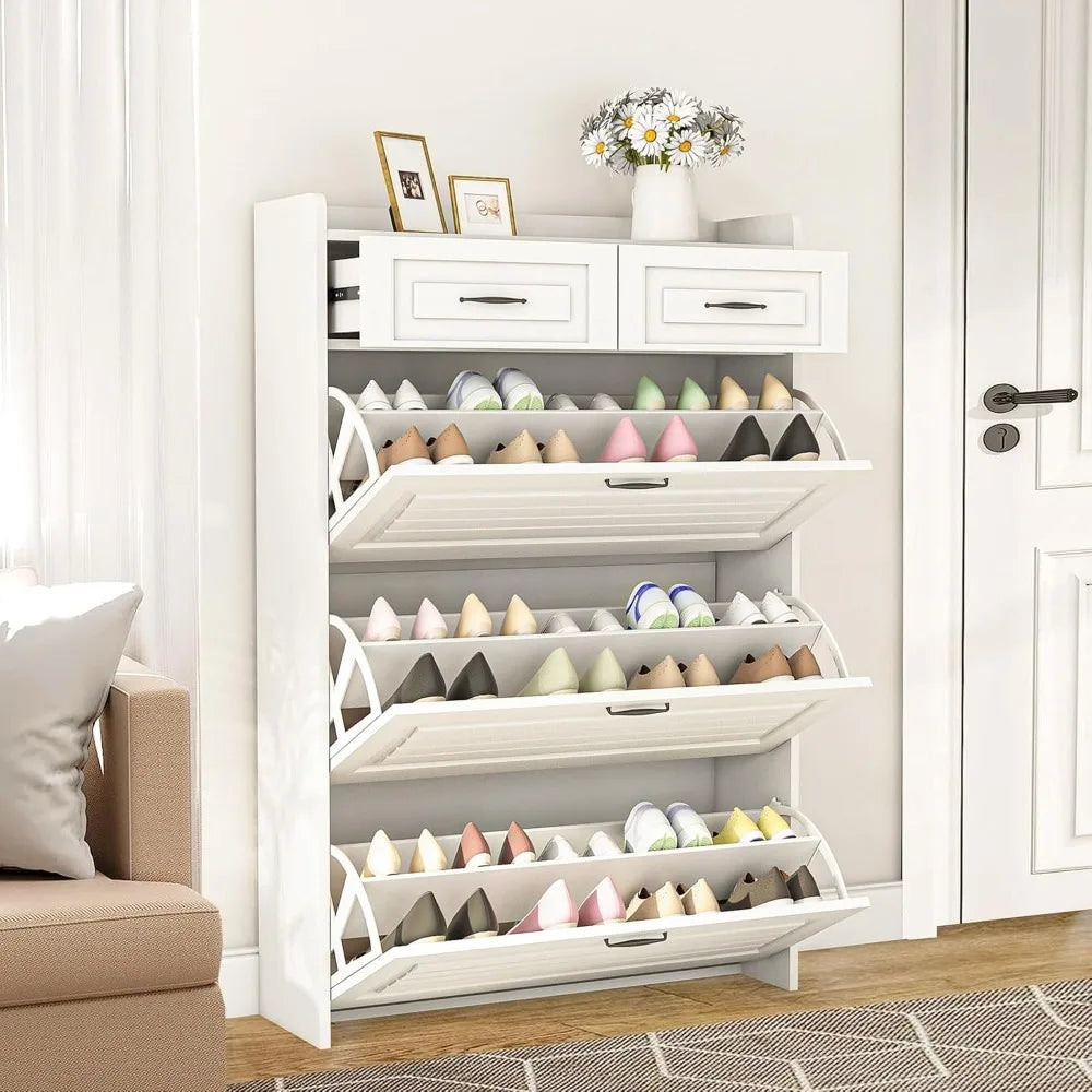 Narrow Shoe Organizer Cabinet With Large Flip Drawers And Storage