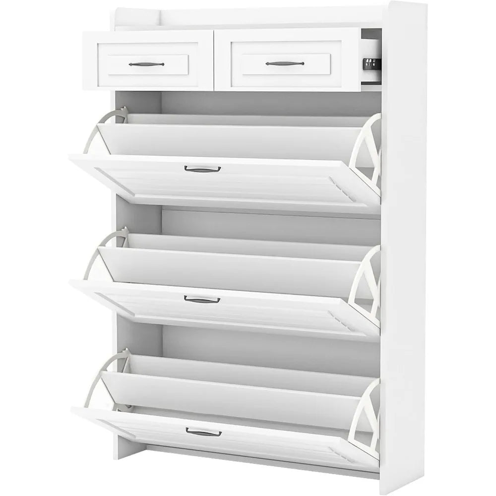Narrow Shoe Organizer Cabinet With Large Flip Drawers And Storage