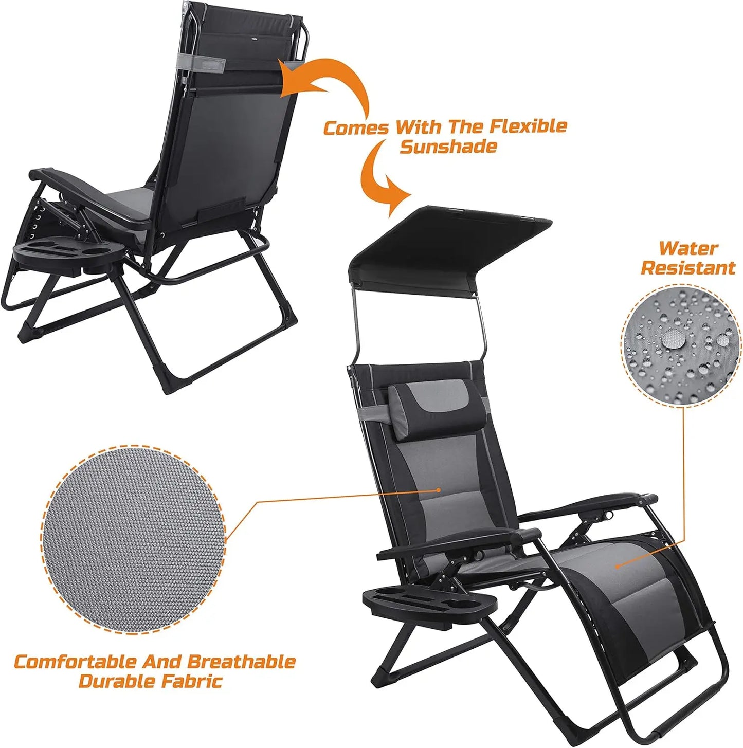 Zero Gravity Folding Chair With Sunshade For Outdoor Camping Patio