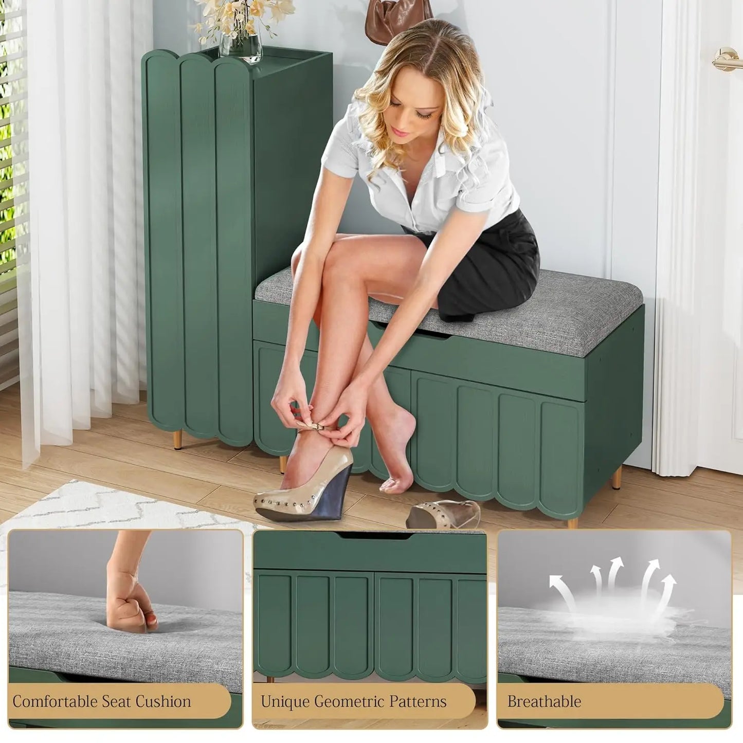 Shoe Organizer Cabinet Entryway Bench With Adjustable Shelves Cushioned Seat