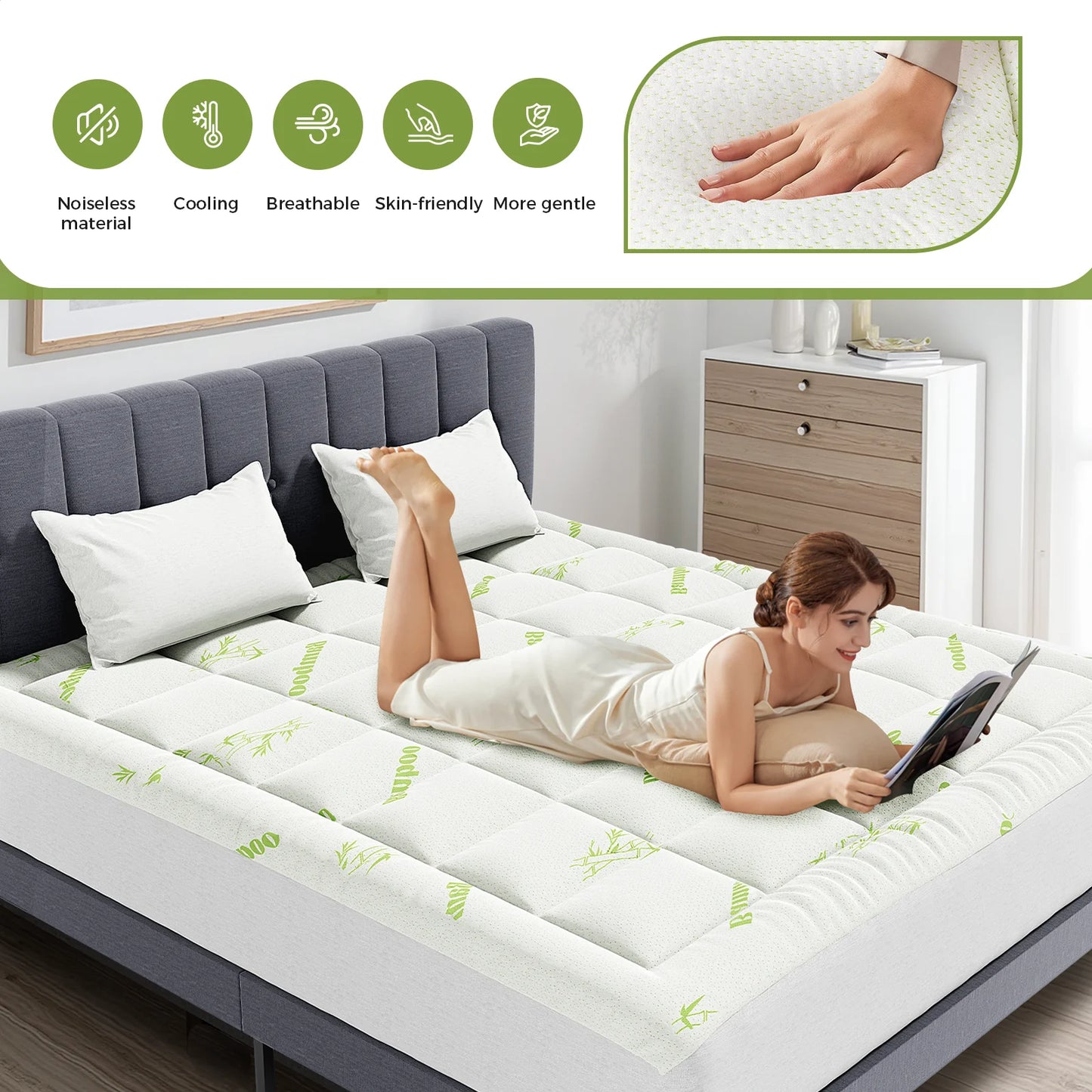 JHK Soft Bamboo Fiber Mattress Topper With Deep Pockets