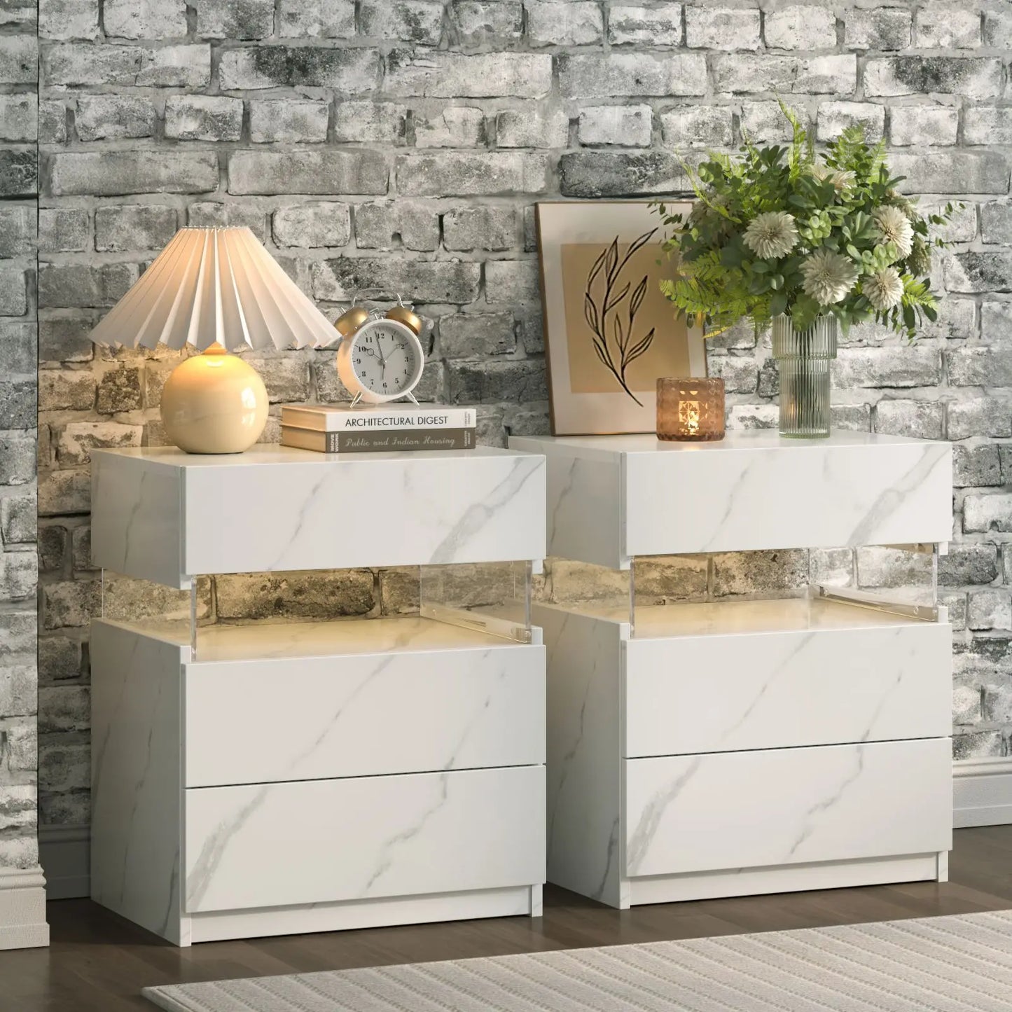 Cubehom Bedside Tables With LED Lighting, Two Drawer Nightstands