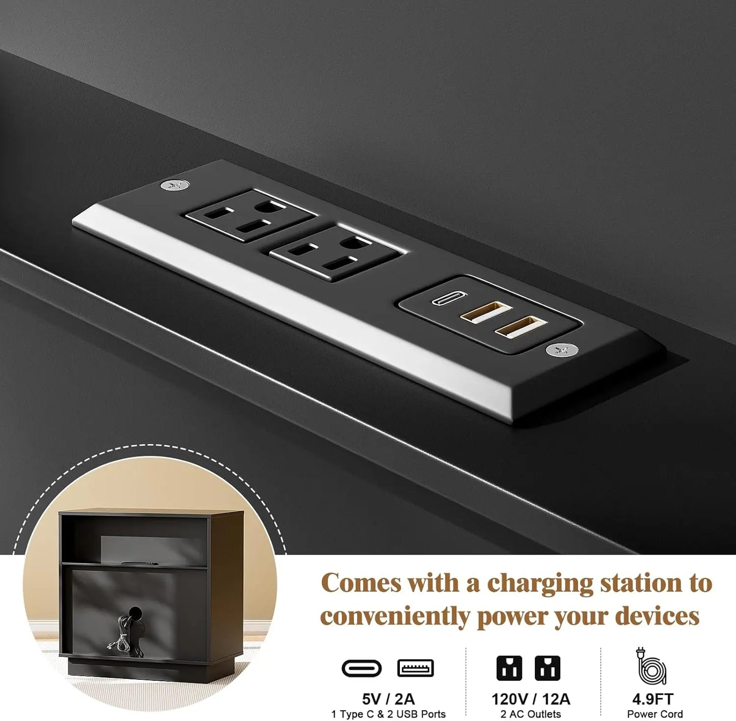 Symmetrical Arc 3 Drawer Nightstand With Charging Station