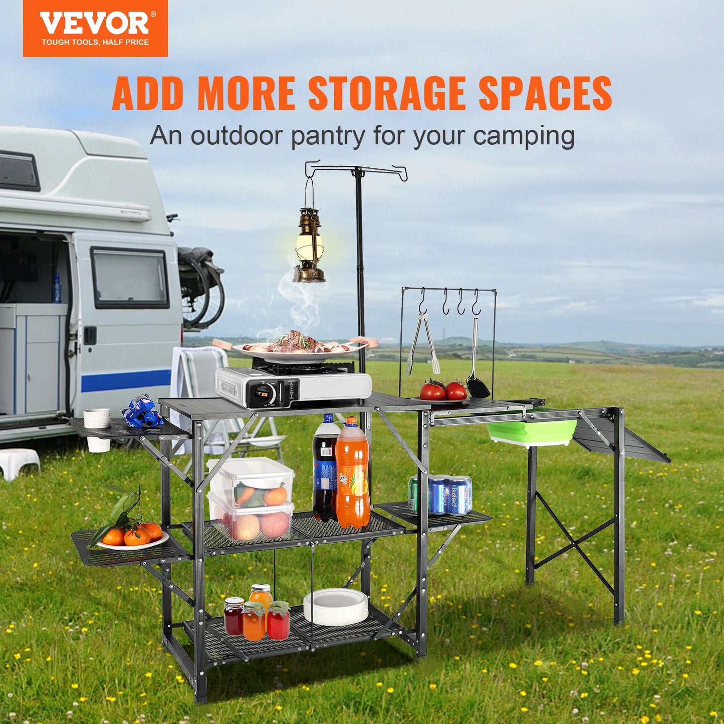SucceBuy Camping Kitchen Table With Sink Folding Outdoor Station