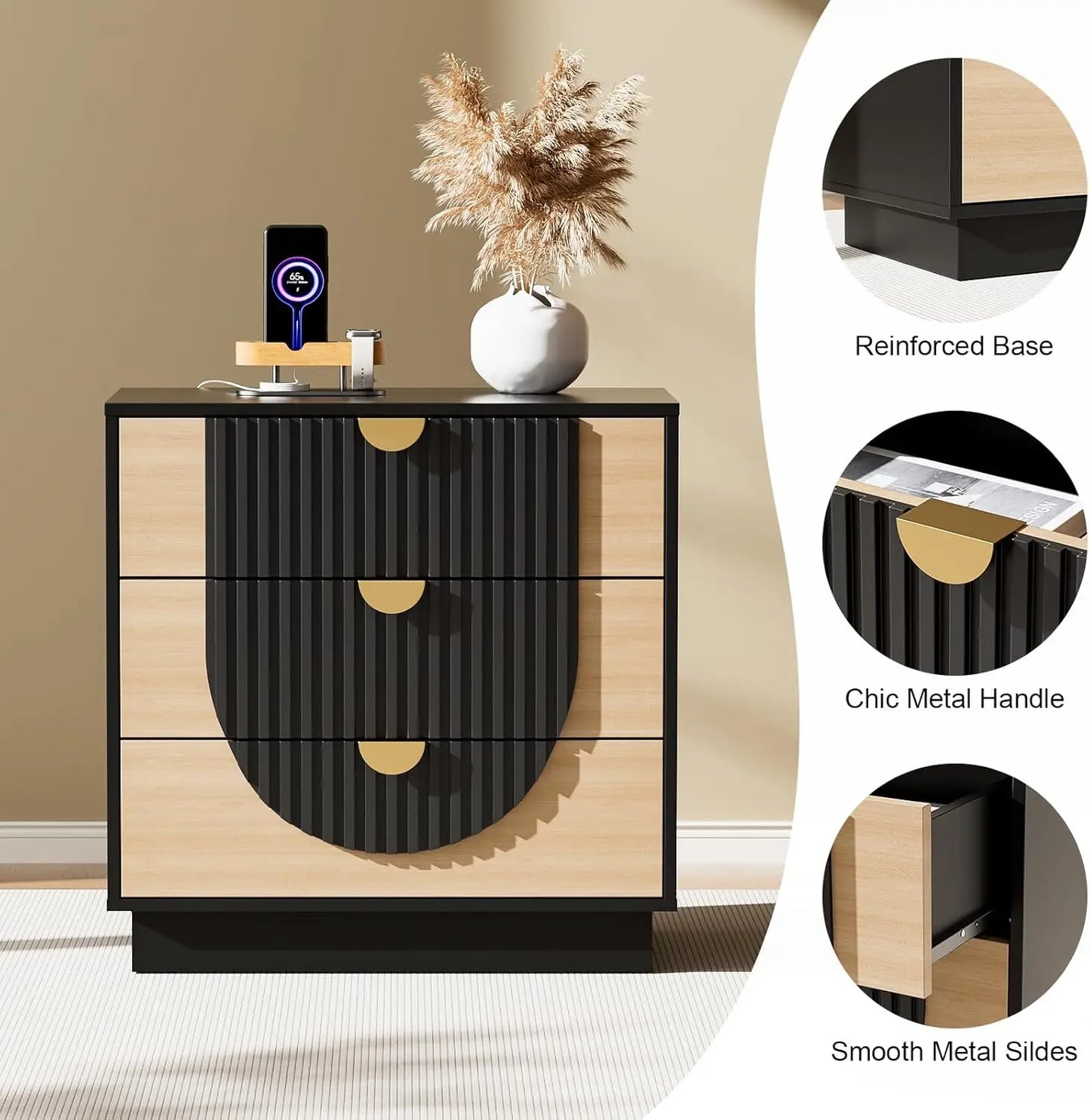 Symmetrical Arc 3 Drawer Nightstand With Charging Station