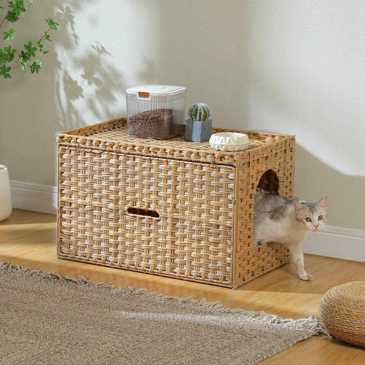 PEQULTI Rattan Litter Box Enclosure With Taller Doorway Flip-Up Design.
