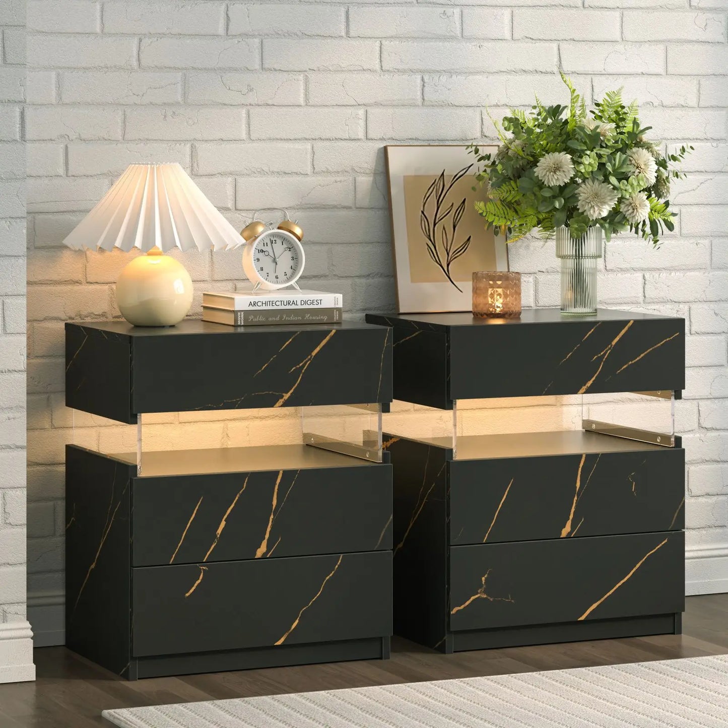 Cubehom Bedside Tables With LED Lighting, Two Drawer Nightstands