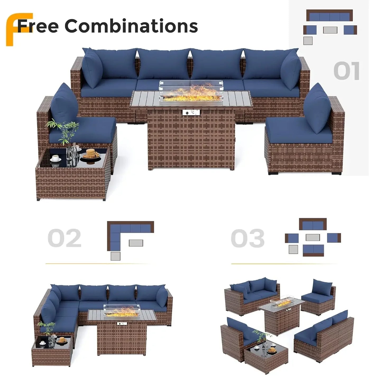Outdoor Sectional Sofa Set With Fire Pit Table In Wicker