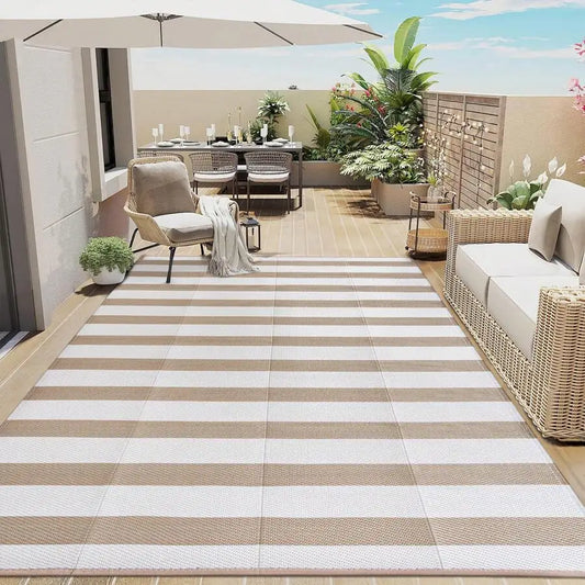 Outdoor Waterproof Patio Rug Striped PVC Reversible Lightweight