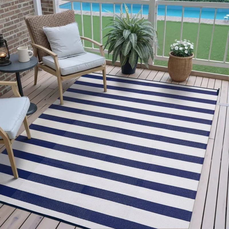 Outdoor Waterproof Patio Rug Striped Reversible With PVC Backing