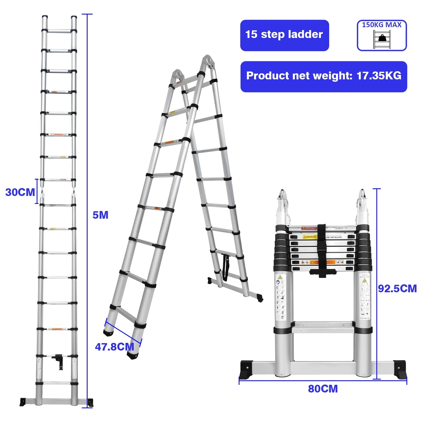 Aluminium Telescopic Ladder 3.8m To 5m Heavy Duty A Frame Non Slip 150kg