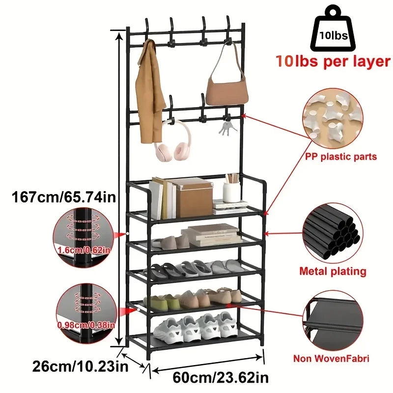 5-Layer Multifunctional Shoe And Coat Rack, Large Capacity