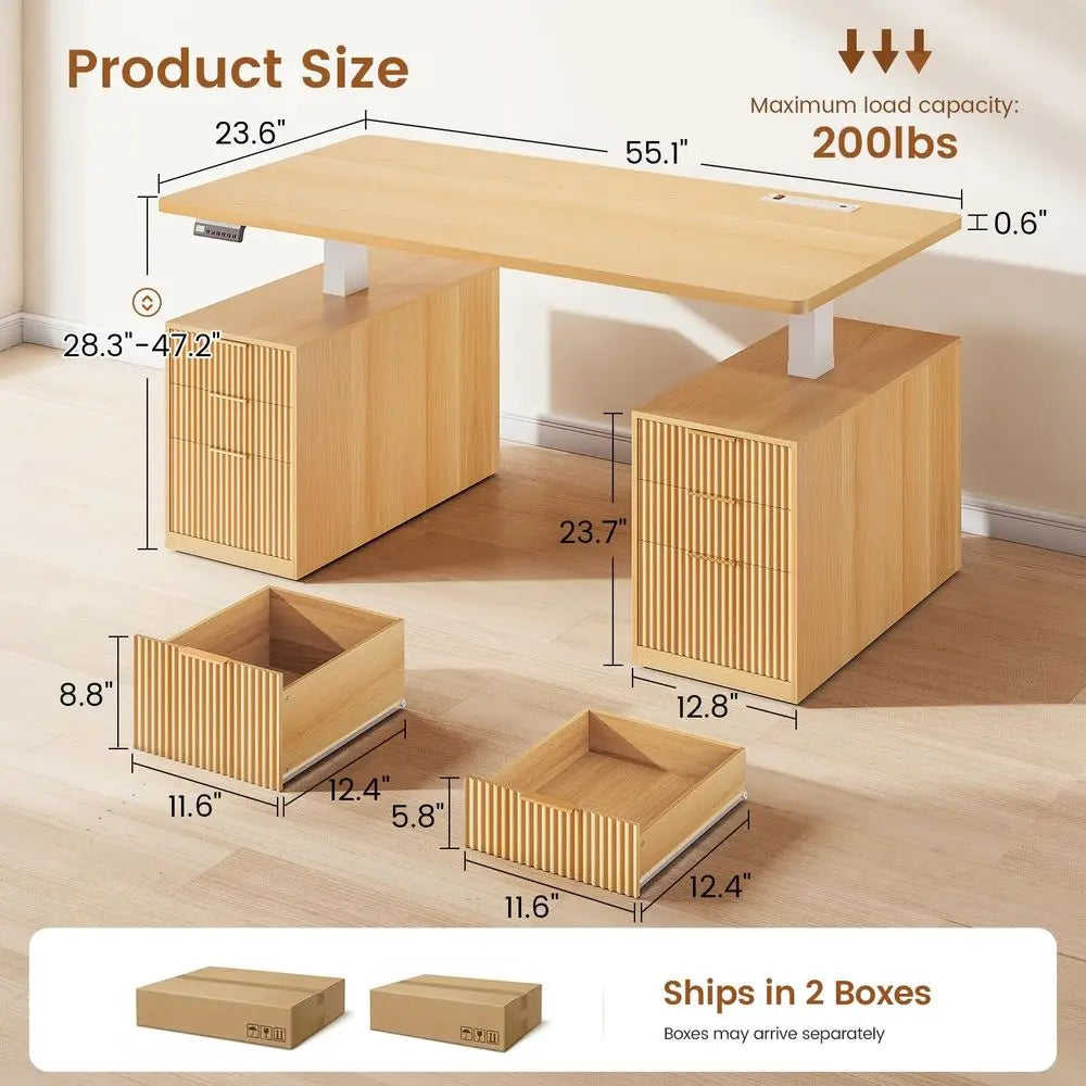 Electric Standing Desk With Six Drawers And Integrated Power Outlets