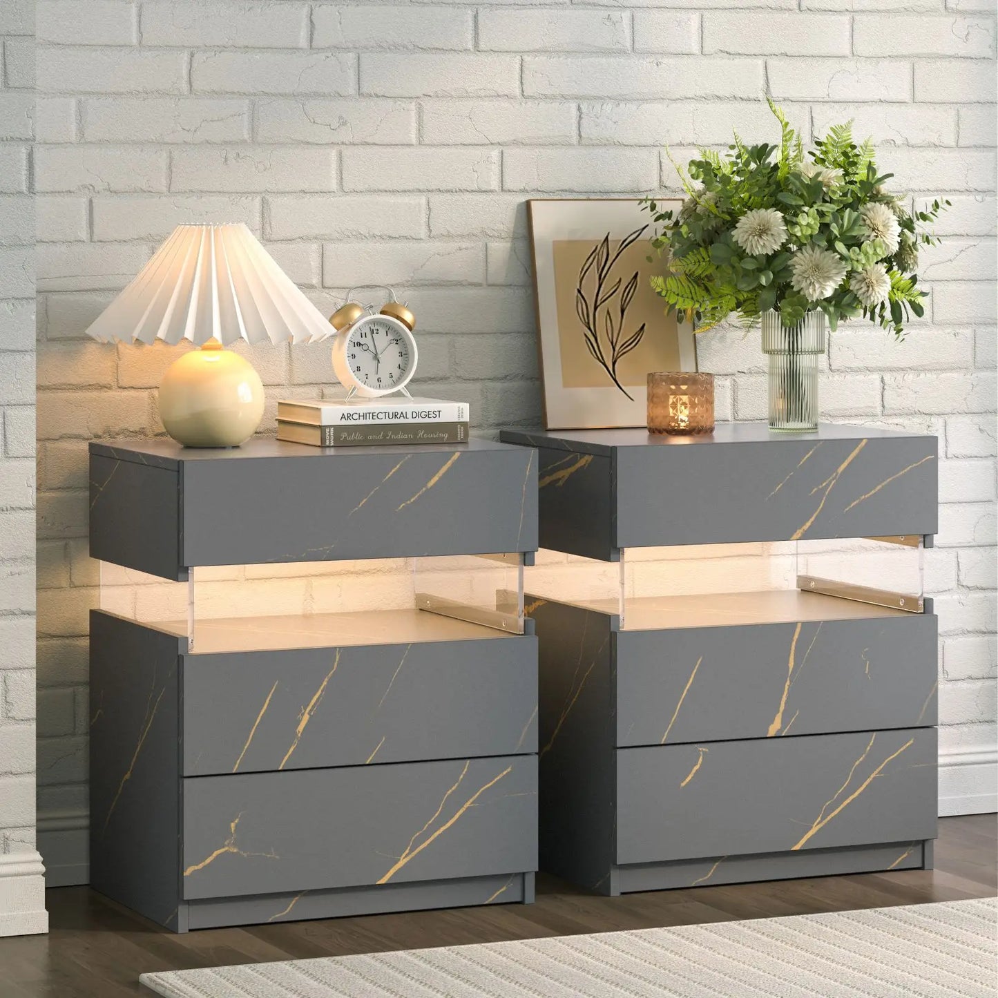 Cubehom Bedside Tables Two Piece Set With LED Lighting