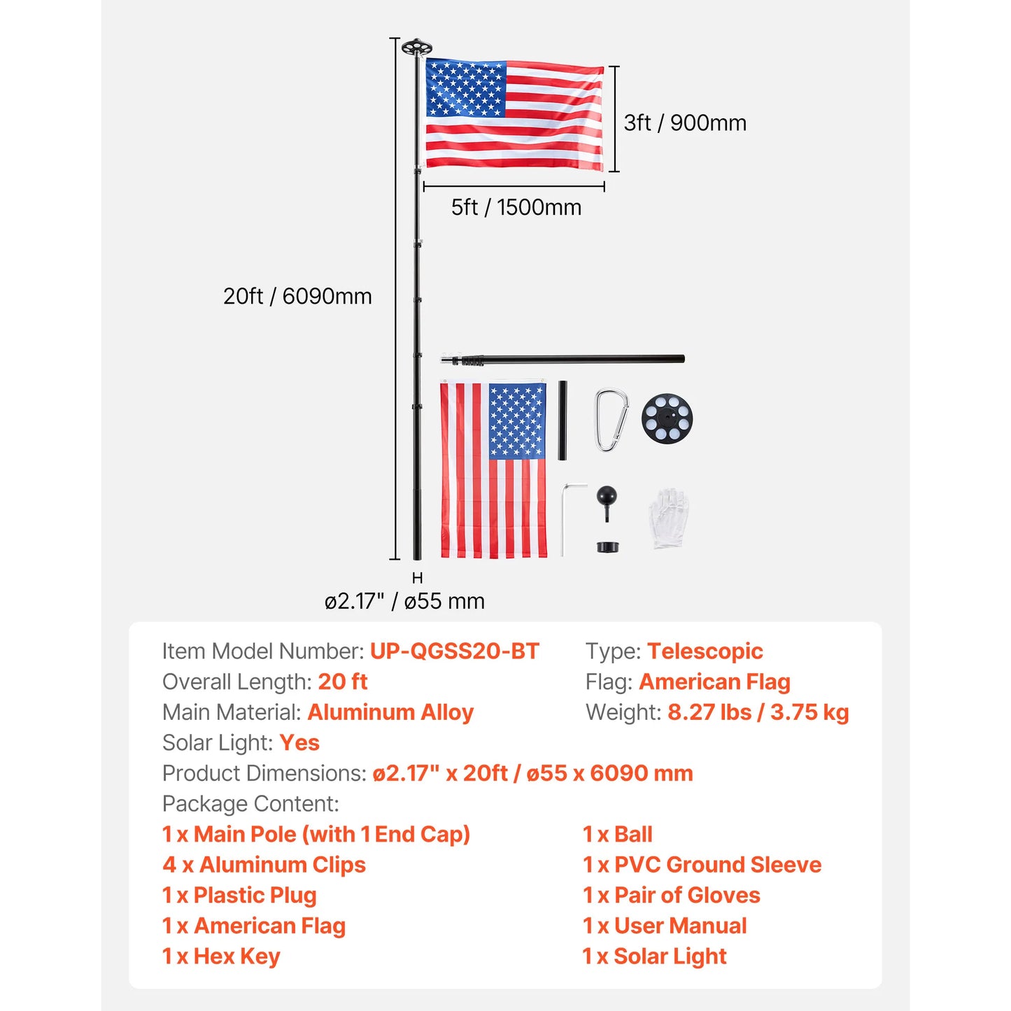 VEVOR Aluminum Flag Pole Kit for Yard With American Flag