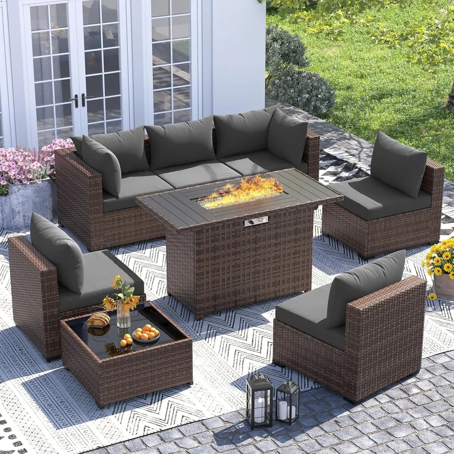 Outdoor Sectional Sofa Set With Fire Pit Table In Wicker