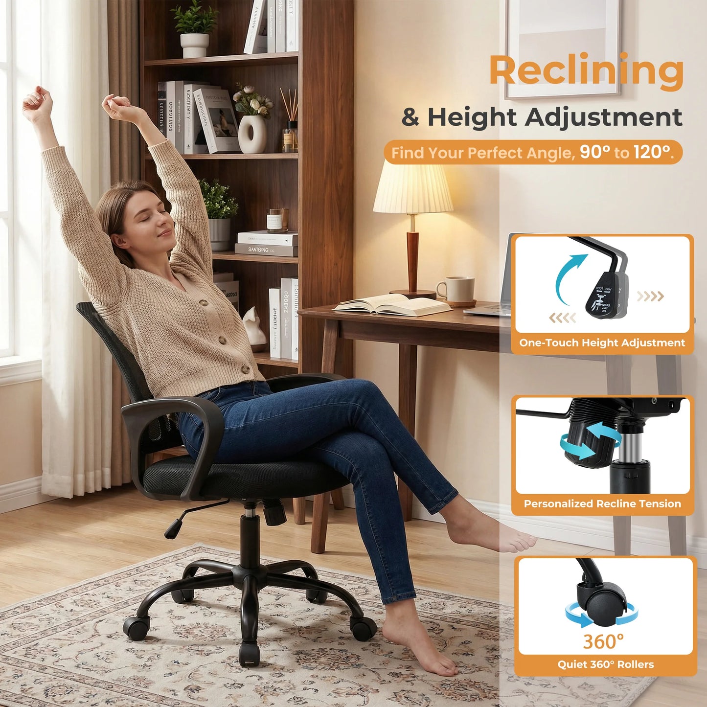 JHK Ergonomic Fixed Armrest Office Chair With Lumbar Support Rocking