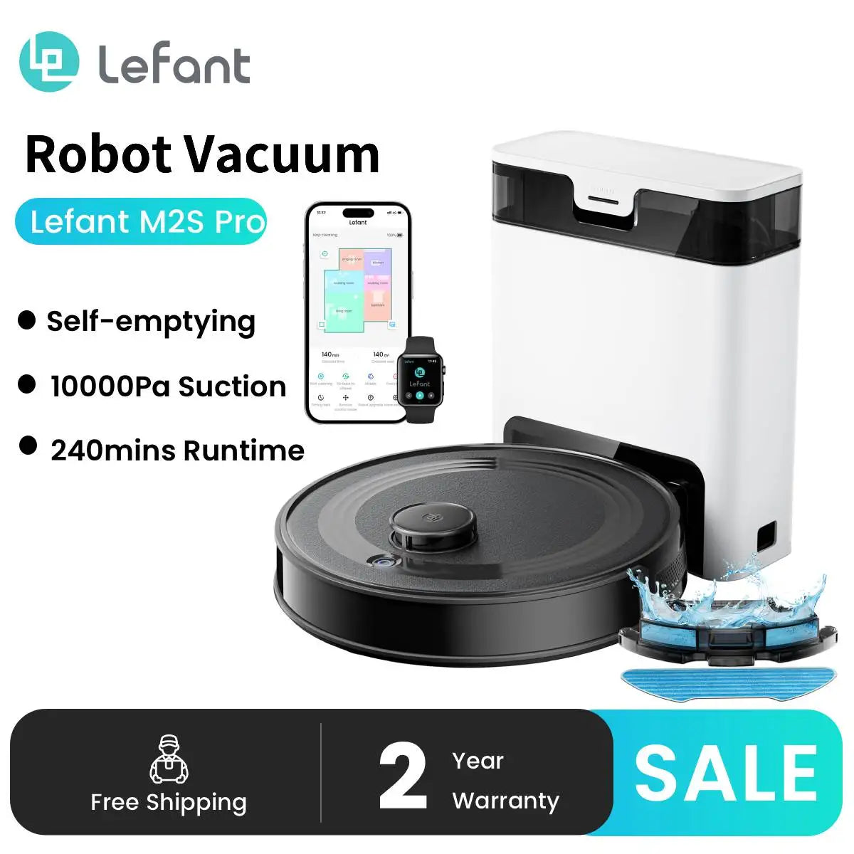 Lefant  Robot Vacuum Cleaner with Automatic Emptying M2S Pro,10000Pa, 240 Minutes, Laser Navigation DTOF, Ideal for Pet Hair