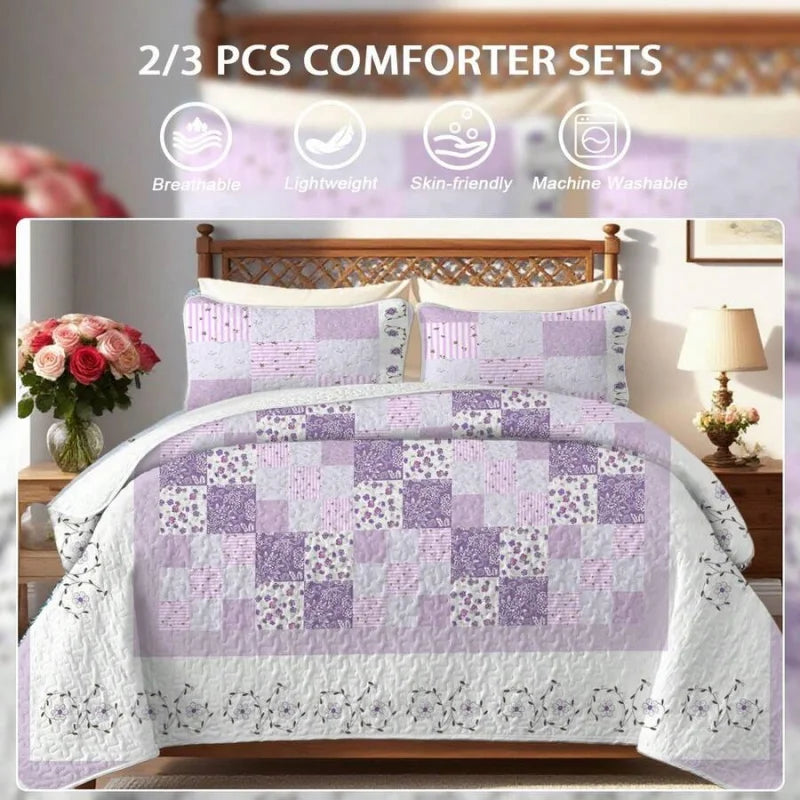 Purple Floral Grid Print Quilt Set Lightweight Breathable Polyester Cotton