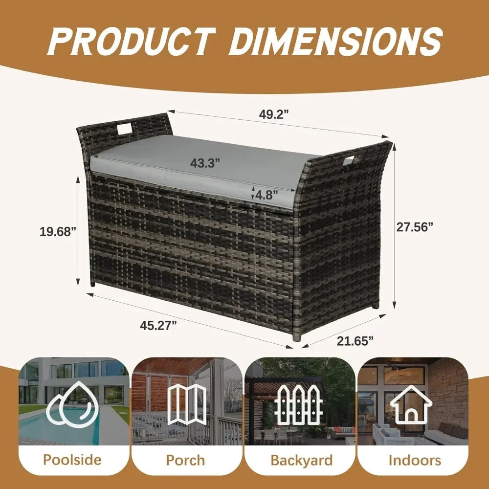 Outdoor Wicker Storage Bench With Cushion Patio Rattan Deck Box