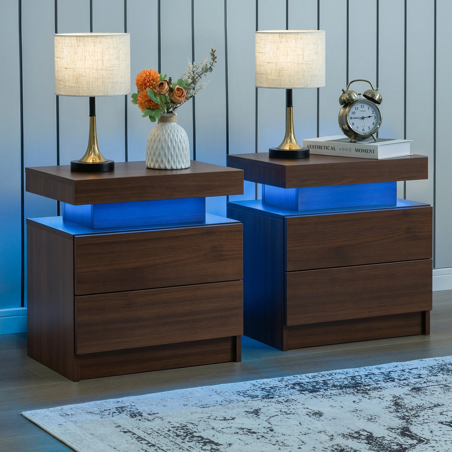 Cubehom Nightstand Set Of 2 With LED Lighting And Drawers