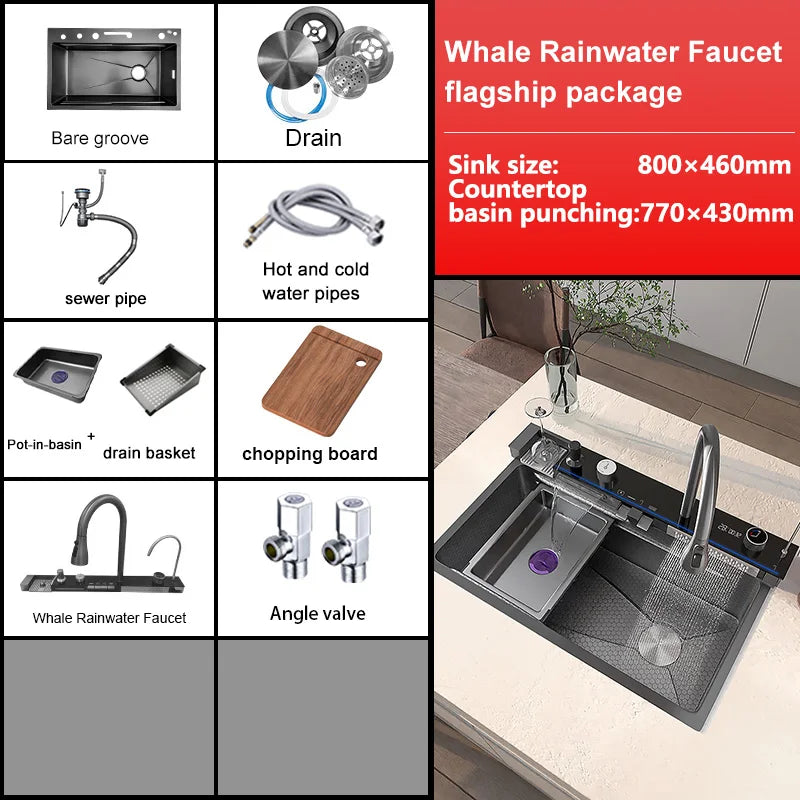 Telisiya Waterfall Kitchen Sink Stainless Steel Multifunctional Large Single