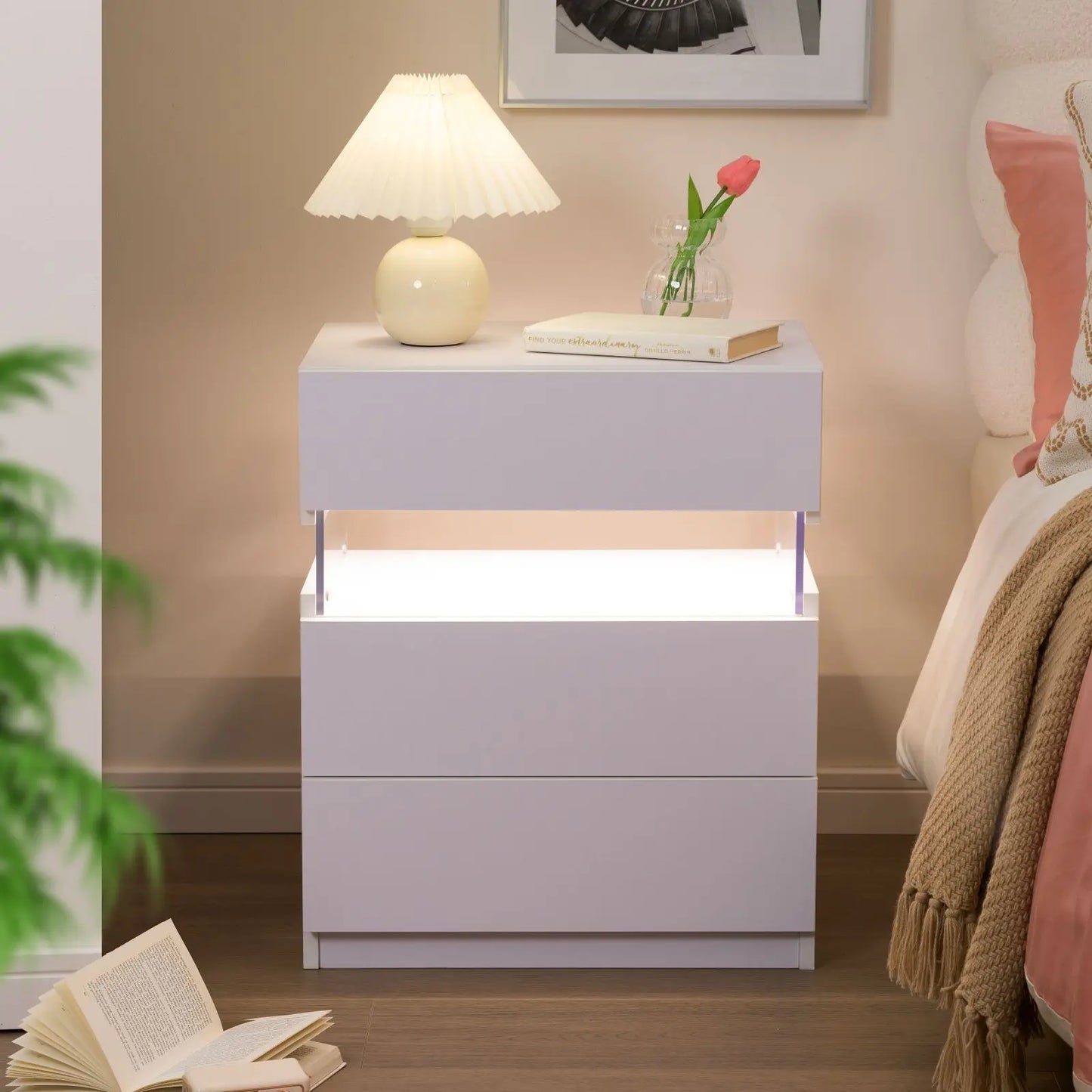 Cubehom Bedside Tables With LED Lighting, Two Drawer Nightstands