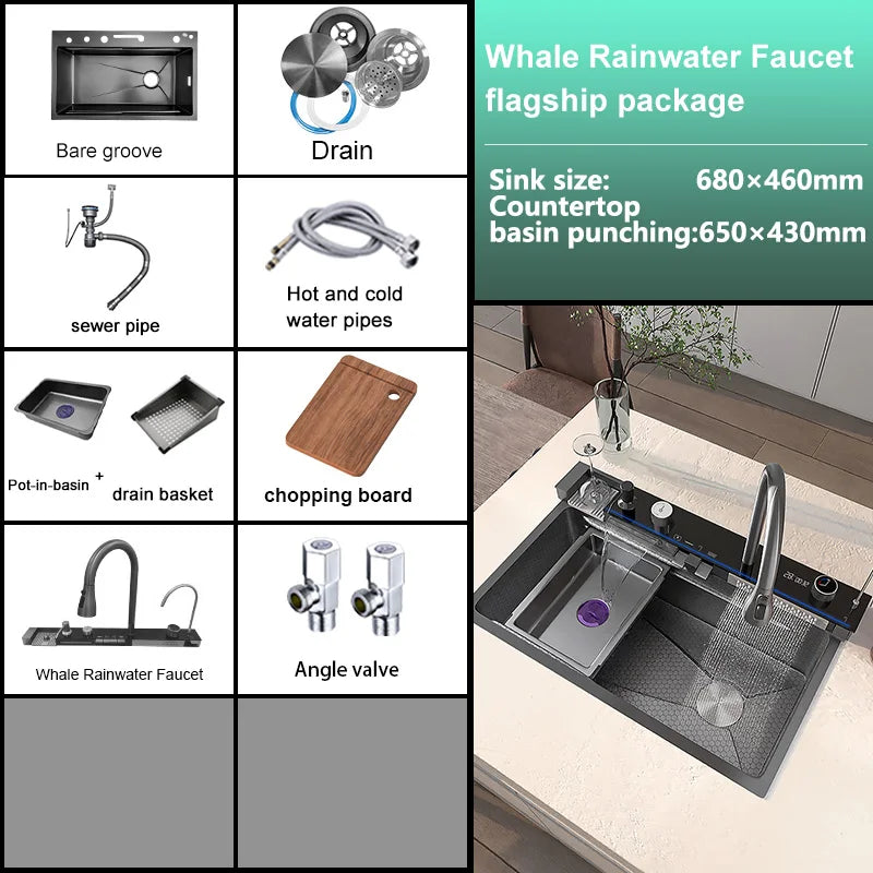 Telisiya Waterfall Kitchen Sink Stainless Steel Multifunctional Large Single