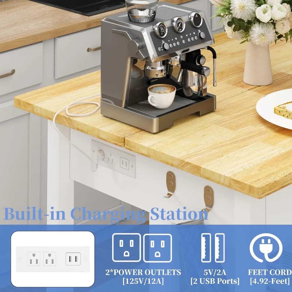 Solid Rubberwood Kitchen Island With Power Outlets And Storage